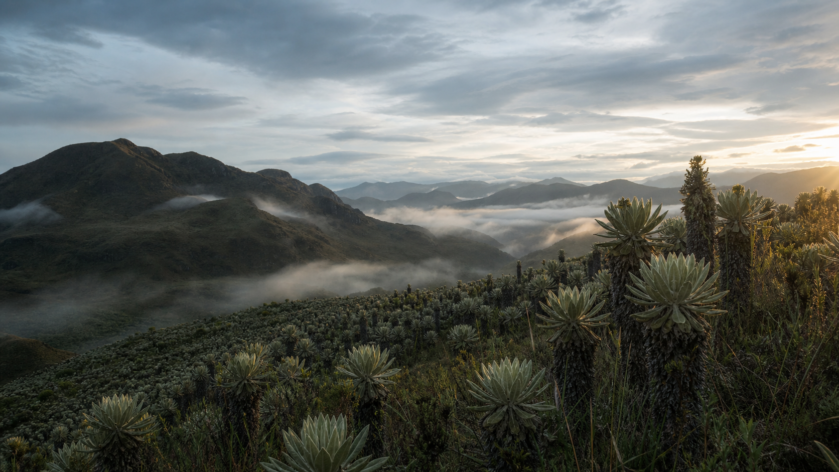 Paisaje de páramo colombiano con frailejones entre montañas y neblina
